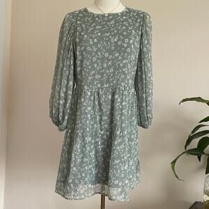 Abercrombie & Fitch Green Floral Chiffon Short Dress Puff Long Sleeve M